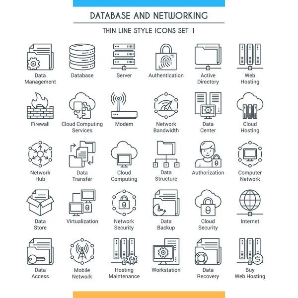 Conjunto Iconos Base Datos Redes Iconos Modernos Almacenamiento Tema Análisis — Vector de stock