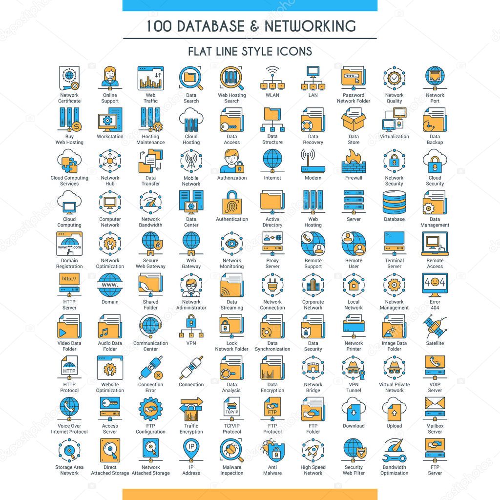 Database and networking big icons set. Modern icons on theme storage, analysis, organization, synchronization and data transfer. Flat line design icons collection. Vector illustration