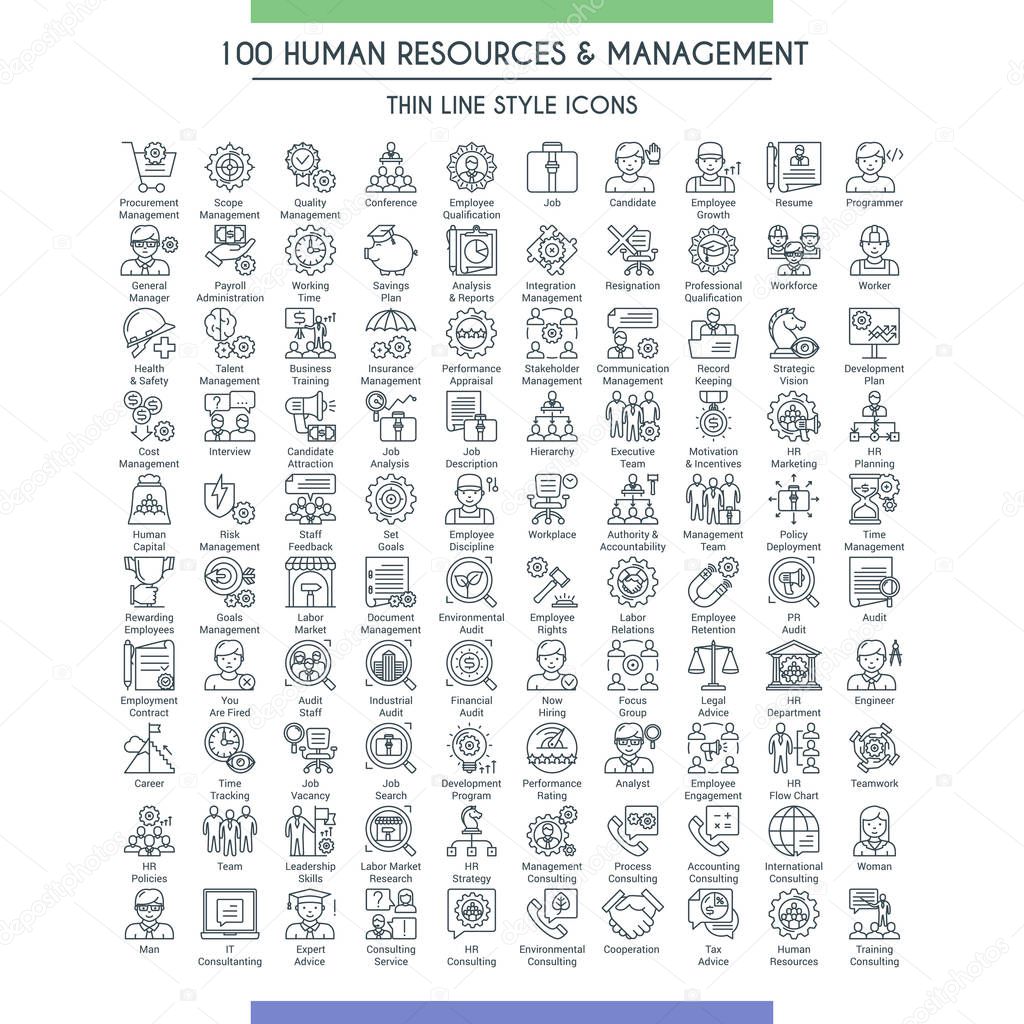 Business management and human resources big icons set. Modern icons on theme business people, analysis, organization, conference and office working. Thin line design icons collection