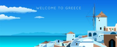 Santorini Adası. Yunanistan manzarası. Bahar ya da yaz aylarında geniş bir panorama kasabası. Deniz, dağlar, yel değirmeni ve evler. Vektör illüstrasyonu