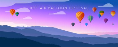 Sıcak hava balonları festivali. Dağ manzarası. Geniş panorama. Vektör illüstrasyonu