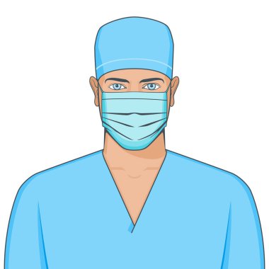 Tıbbi maske takan doktor portresi. Gerçekçi vektör illüstrasyonu