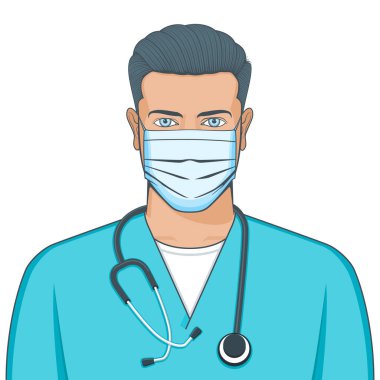 Tıbbi maske takan doktor. Maskeli ve steteskoplu genç bir adamın portresi. Gerçekçi vektör illüstrasyonu