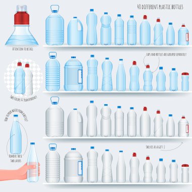 Plastik şişe seti. Gerçekçi vektör illüstrasyonu