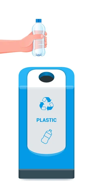 Mann Wirft Leere Plastikflasche Den Recyclinghof Realistische Vektorillustration — Stockvektor
