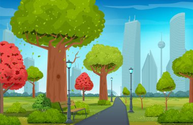 Güzel bir yaz parkı. Yürümek ve dinlenmek için ağaçlar ve yürüyüş yolu olan kentsel alan. Arka planda modern şehir binaları. Gerçekçi vektör illüstrasyonu