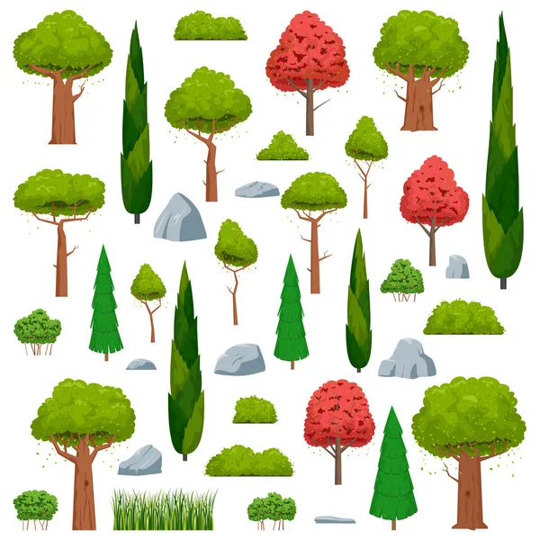 Cartoon Trees Set Trees Bushes Grass Stones Vector Illustration — Stock Vector