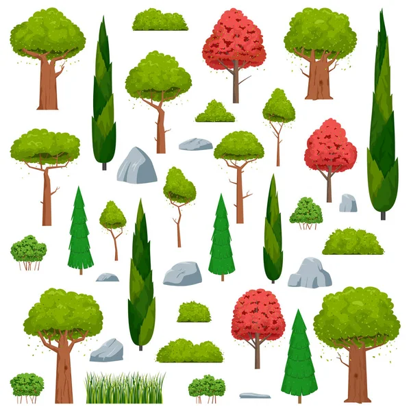 Cartoon Bomen Ingesteld Bomen Struiken Gras Stenen Vectorillustratie — Stockvector