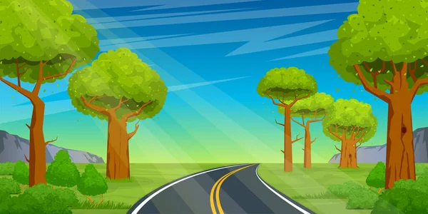 道路は美しい夏の風景を背景に森の中を通って距離に入ります 漫画ベクトルイラスト — ストックベクタ
