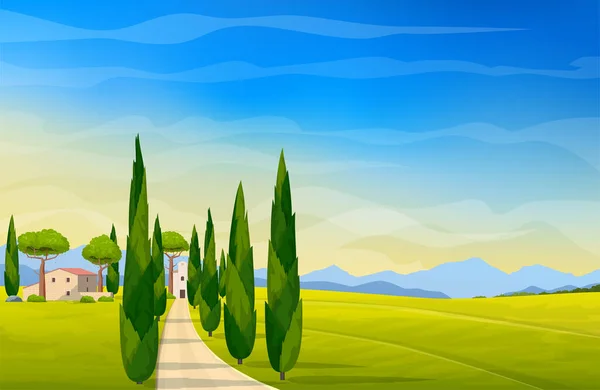 イタリアの風景 春または夏に広いパノラマ田園地帯 メドウズ山と家 ベクターイラスト — ストックベクタ