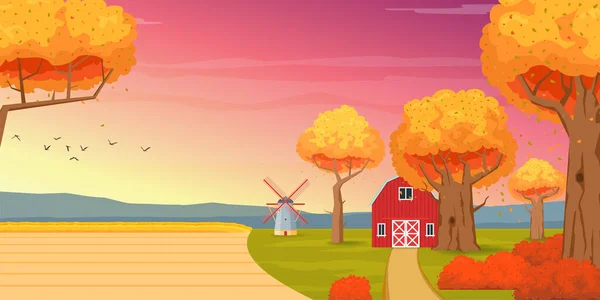 Autumn Rural Landscape Barn Mill Field Trees Background Mountains Cartoon — Stock Vector