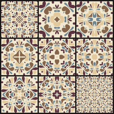 Dokuz Dikişsiz desen beyaz renkli süsler kümesi.