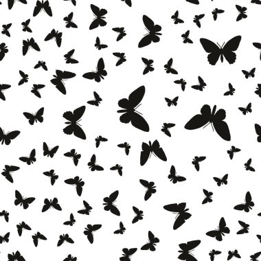 Simetrik desen rasgele kelebekler siyah beyaz. Uygun
