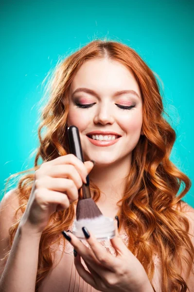 Beauty Girl with Makeup Brushes — Stock Photo, Image
