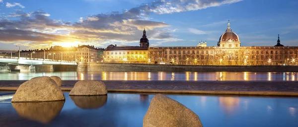 View from Rhone river in Lyon city at sunset — Stock Photo, Image