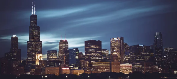 Famosa Vista Panorámica Del Horizonte Chicago Por Noche — Foto de Stock