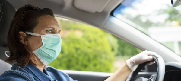 Woman Driving Car Mask Gloves — Stock Photo, Image