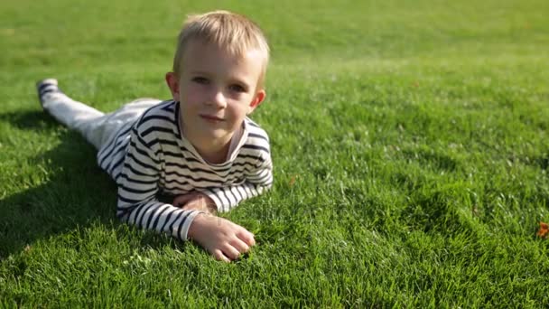 Niedlich schön glücklich kleiner Junge liegt auf Gras — Stockvideo