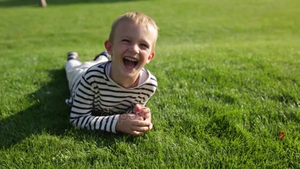 Mignon beau petit garçon souriant heureux couché sur l'herbe lumineuse — Video