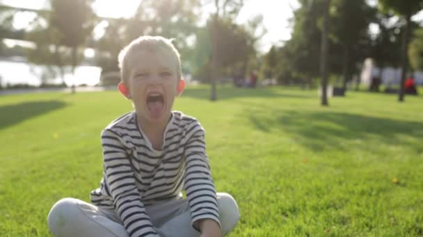 Aranyos szép boldog kisfiú pofákat, ül a fűben — Stock videók