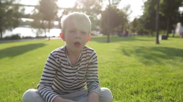 Lindo hermoso niño feliz estornudando, sentado en la hierba — Vídeo de stock