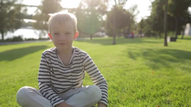 Aranyos szép boldog kisfiú meglepett, ül a fűben — Stock videók