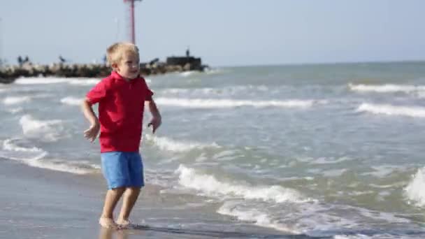 Felice eccitato bambino saltando in spiaggia vicino al mare, guardando la fotocamera — Video Stock