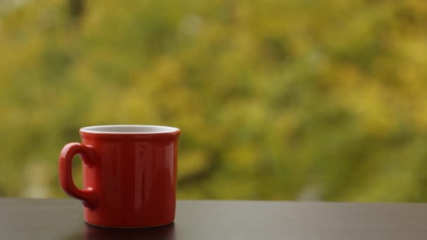 Xícara vermelha de bebida saborosa quente em uma mesa de café de madeira ao ar livre — Vídeo de Stock