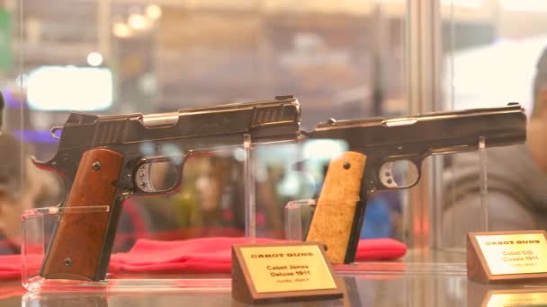 Exposição de pistolas. Várias pistolas são mostradas na janela . — Vídeo de Stock