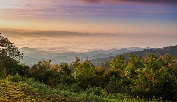 Sunrise at mountain terrain in a sea of mist, on cloudy sky. Bea