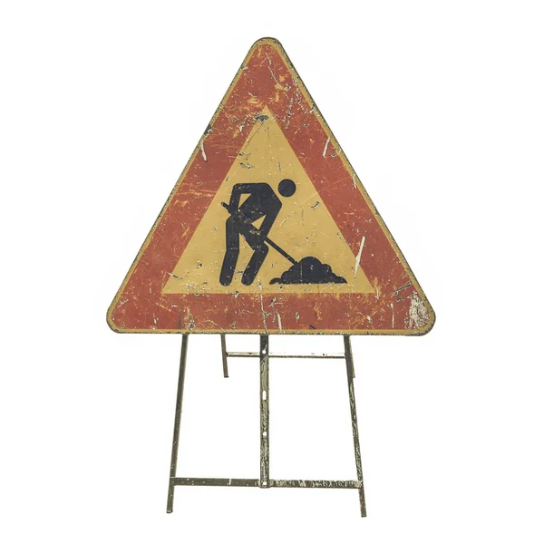 빈티지도로 작업 표지판을 보고 — 스톡 사진