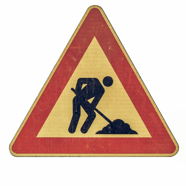 Vintage looking Road works sign isolated — Stock Photo, Image