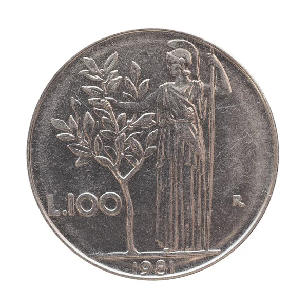 Włoski lir moneta na białym tle nad białym — Zdjęcie stockowe