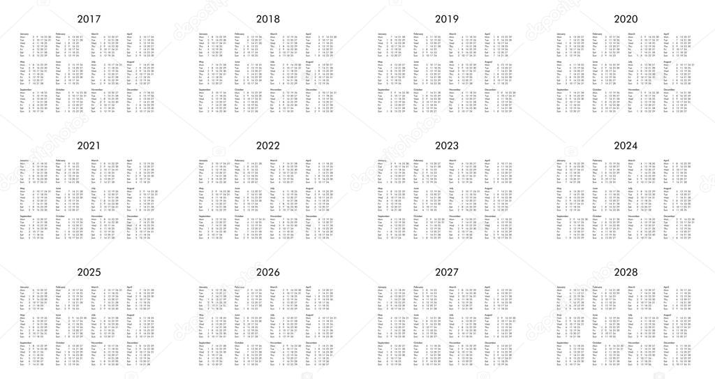 Year 2017 to 2028 calendar