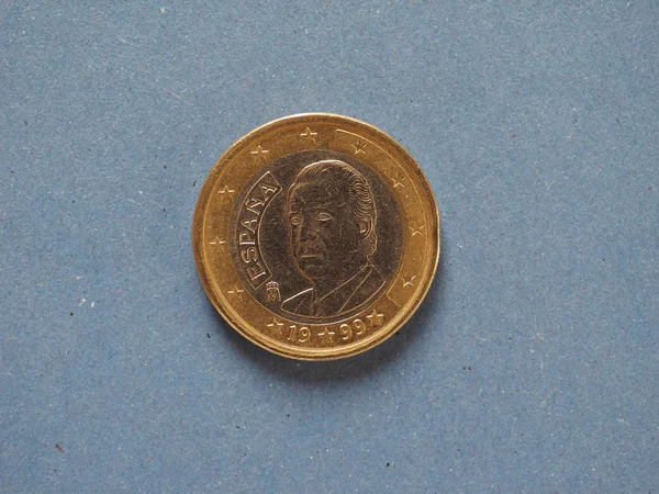 1 欧元的硬币，在蓝色的欧洲联盟西班牙 — 图库照片
