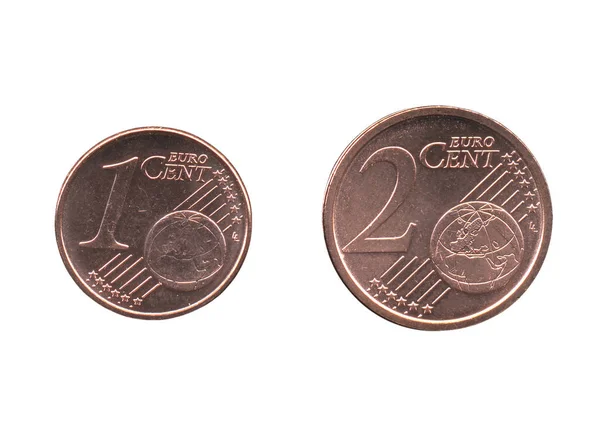 1 und 2 Eurocent (eur) Münzen, Europäische Union (eu) isoliert — Stockfoto