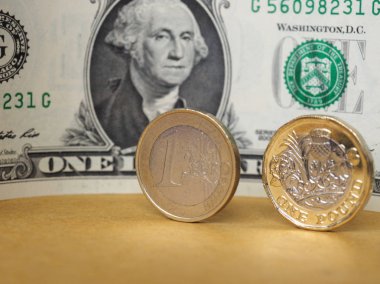 1 pound ve 1 € para ve bir dolar Not metal arka plan üzerinde