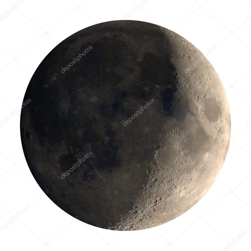 Waxing crescent moon seen with telescope, isolated