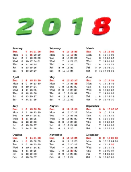 Kalendář pro rok 2018 - Spojené státy americké — Stock fotografie