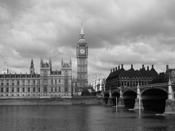 LONDON, UK - CIRCA JUNE 2017: Houses of Parliament aka Westminster Palace in black and white