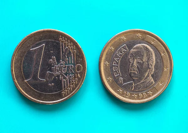 De munt van 1 euro, Europese Unie, Spanje over groen blauw — Stockfoto