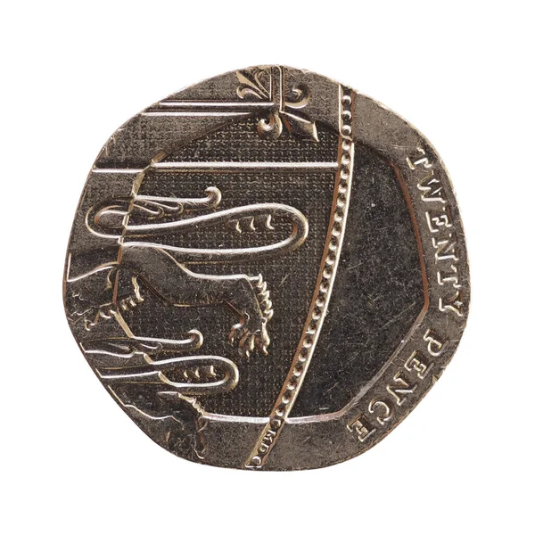 Wielka Brytania 20 pensów monety, na białym nad białym — Zdjęcie stockowe
