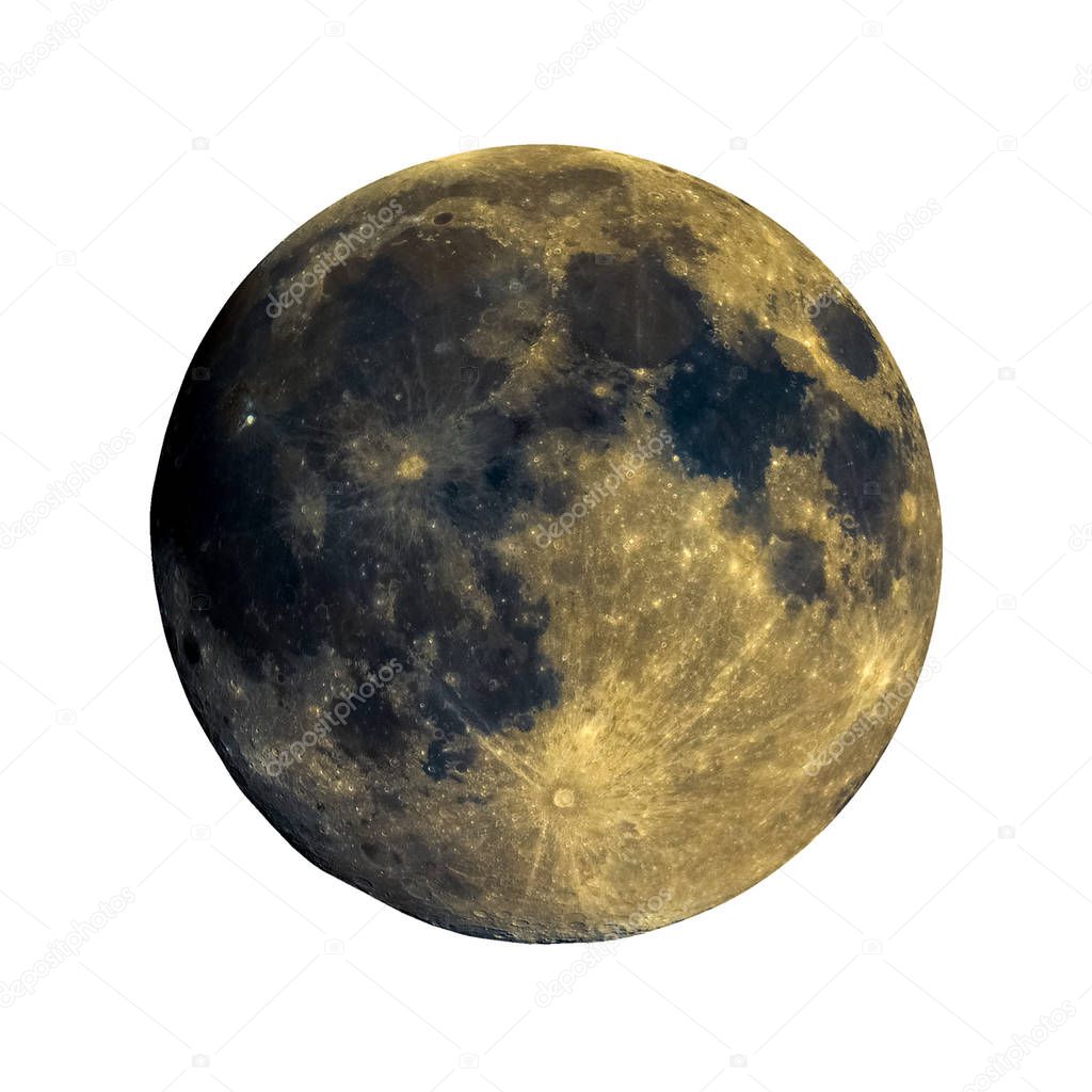 High contrast Full moon seen with telescope, enhanced colours, isolated