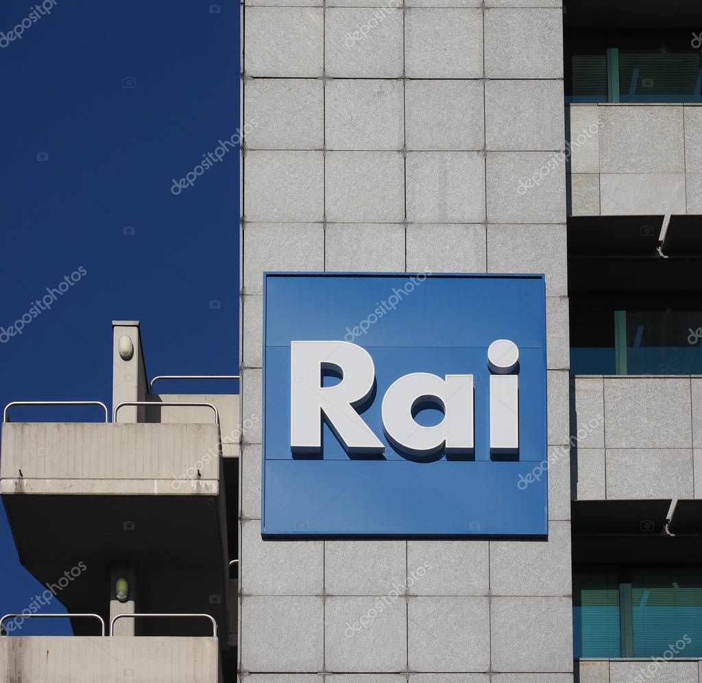 TURIN, ITALY - CIRCA FEBRUARY 2018: Rai (Italian state radio and television) logo on palace