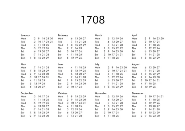 Calendar of year 1708 — Stock Photo, Image