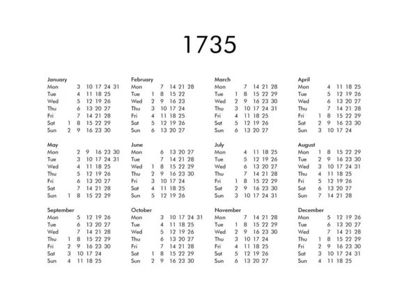 Az 1735-ös év naptár — Stock Fotó