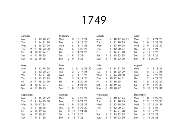 Calendario dell'anno 1749 — Foto Stock