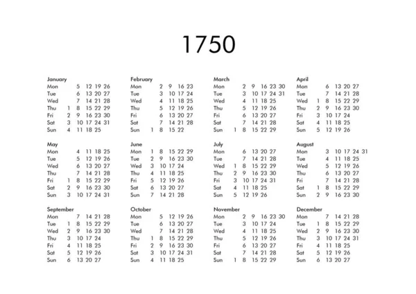 Az 1750-es év naptár — Stock Fotó