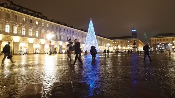 Turin Italien Cirka December 2019 Nattutsikt Över Piazza San Carlo — Stockvideo