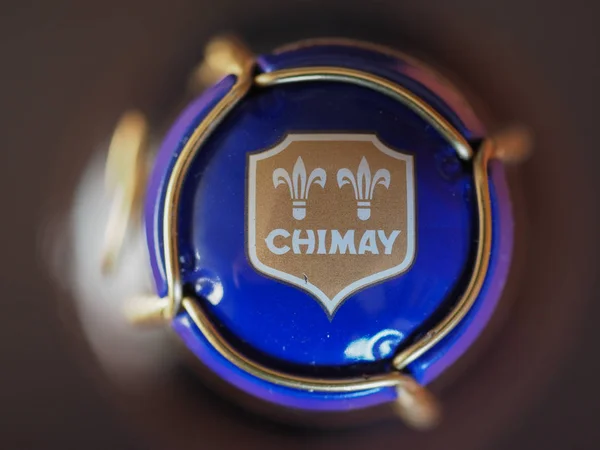 Chimay - grudzień 2019: Chimay podpisuje się na butelce piwa — Zdjęcie stockowe